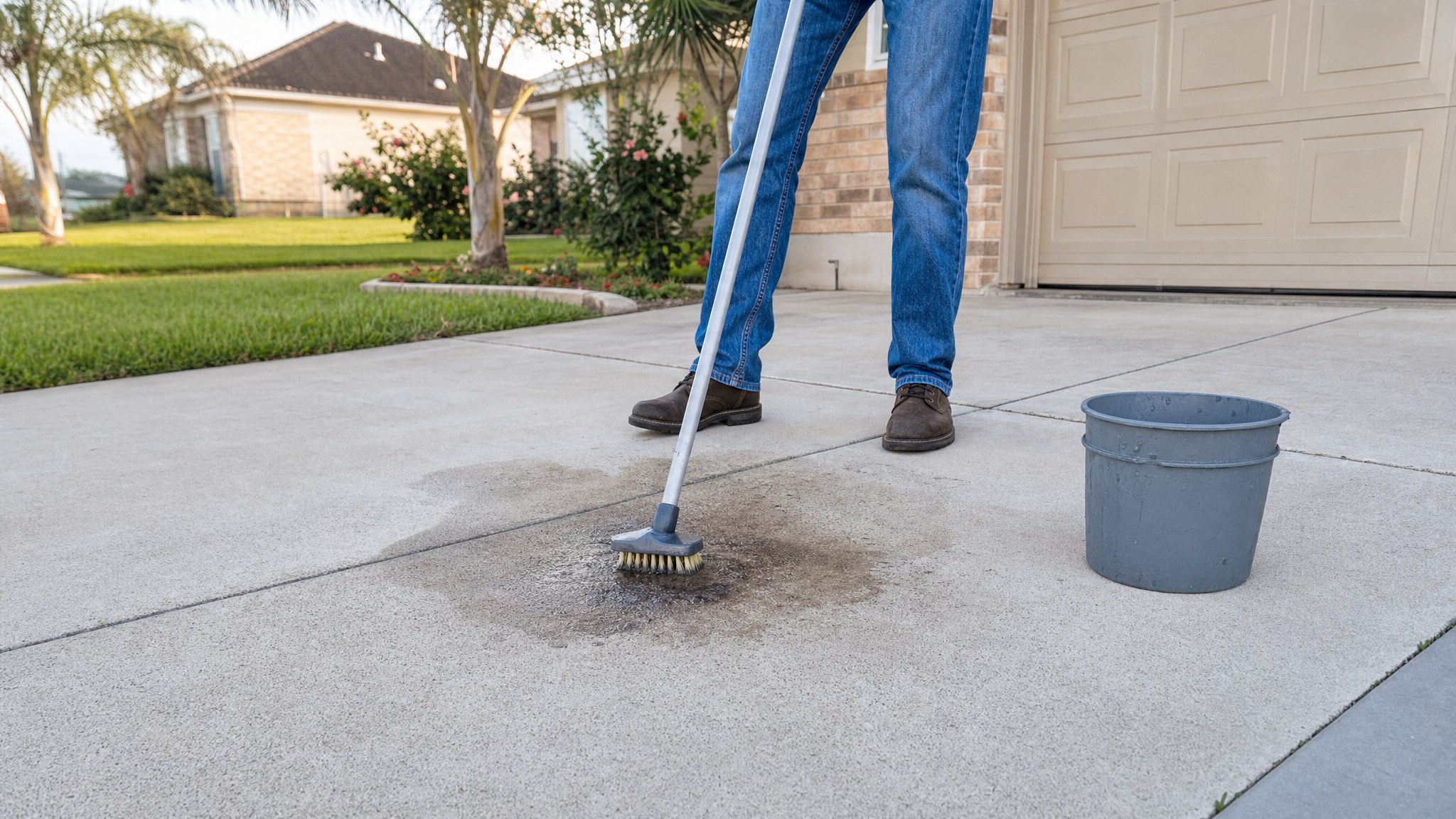 Homeowner gently scrubbing a small oil stain on a concrete driveway with a long-handled brush