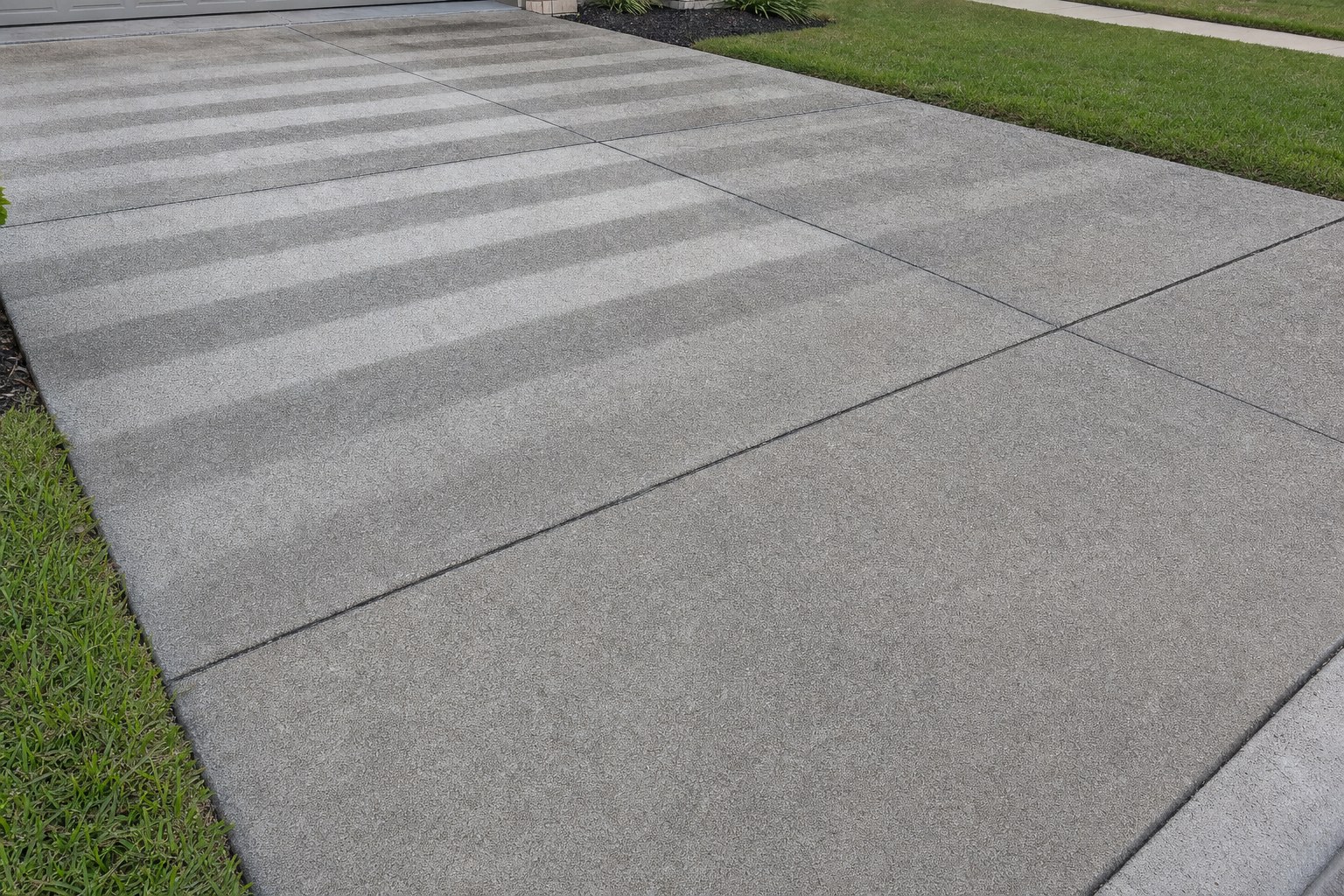 Residential concrete driveway showing subtle pressure-washer stripes