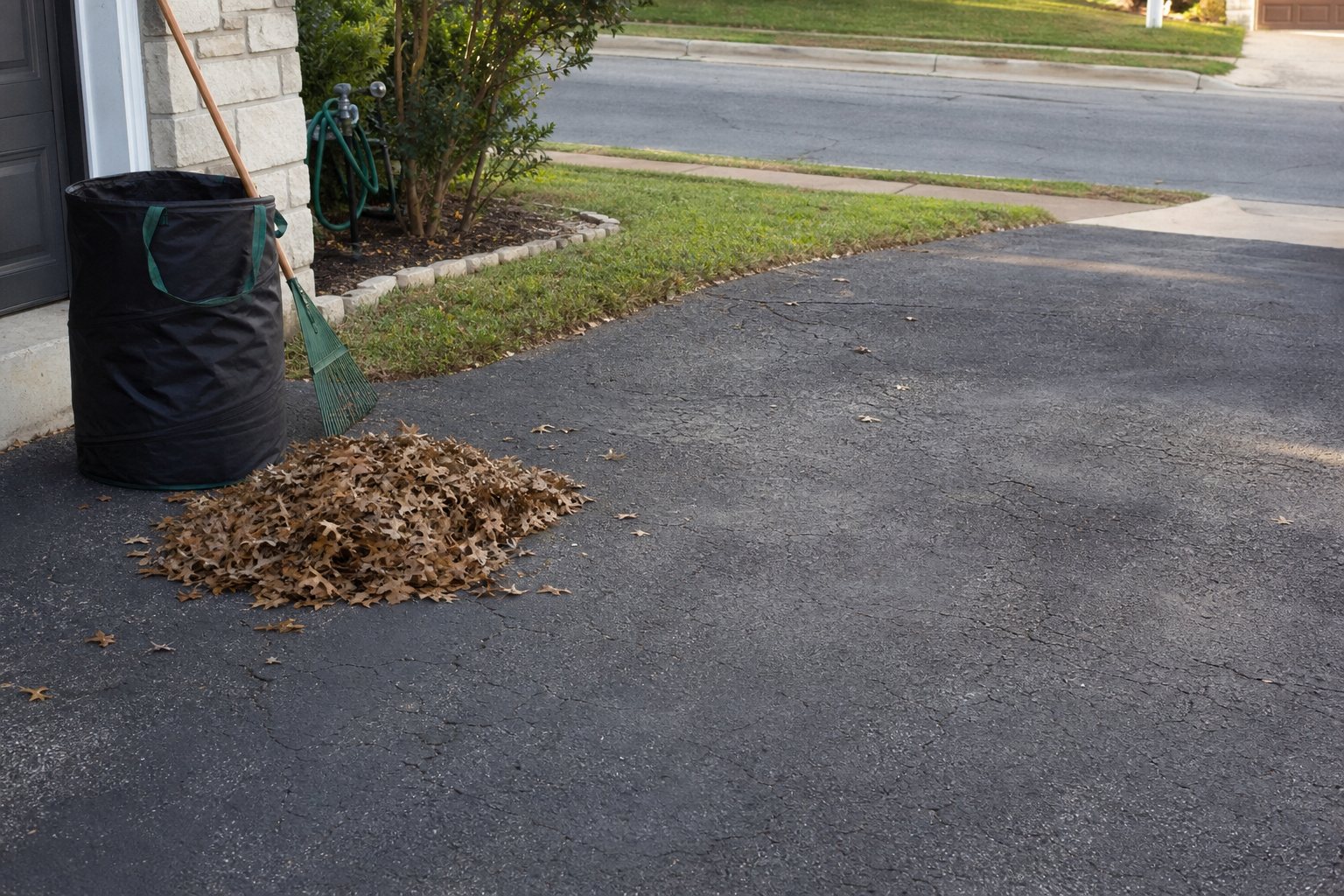 Dry asphalt driveway after leaf cleanup with a broom and yard bag nearby