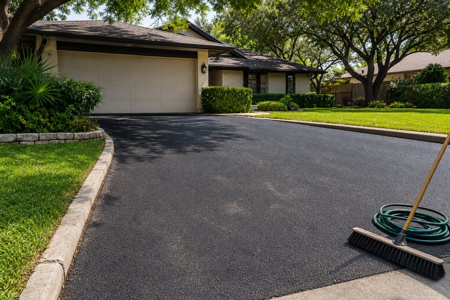 Residential asphalt driveway with a broom and garden hose ready for gentle upkeep