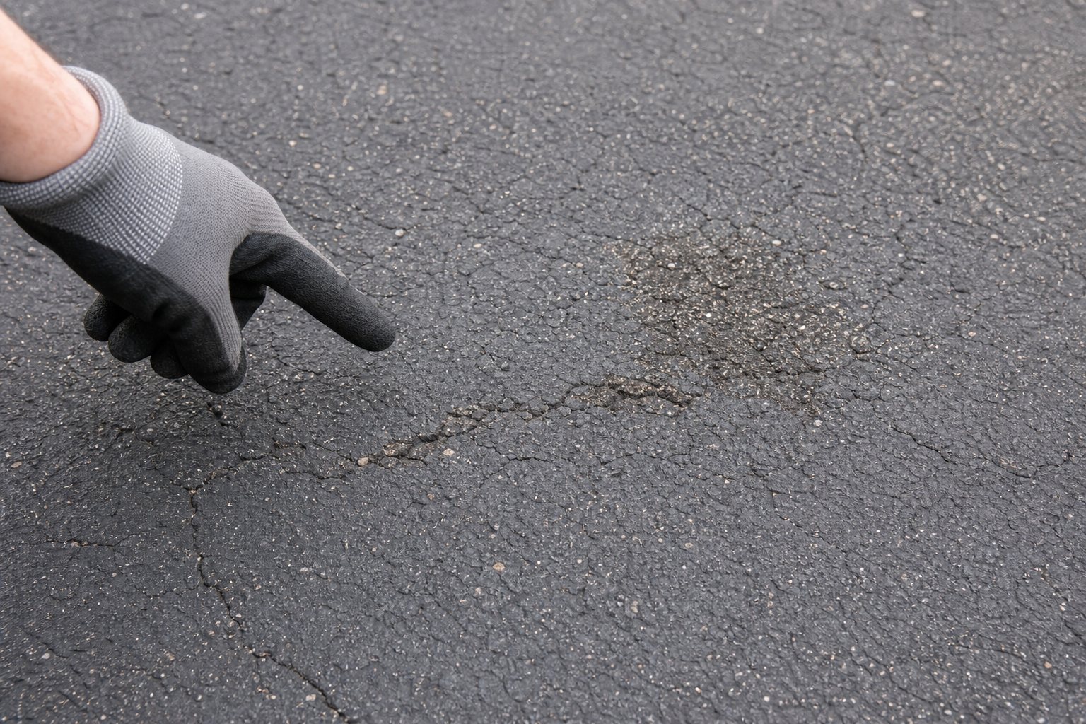 Gloved hand pointing at fine cracks and wear on an asphalt driveway