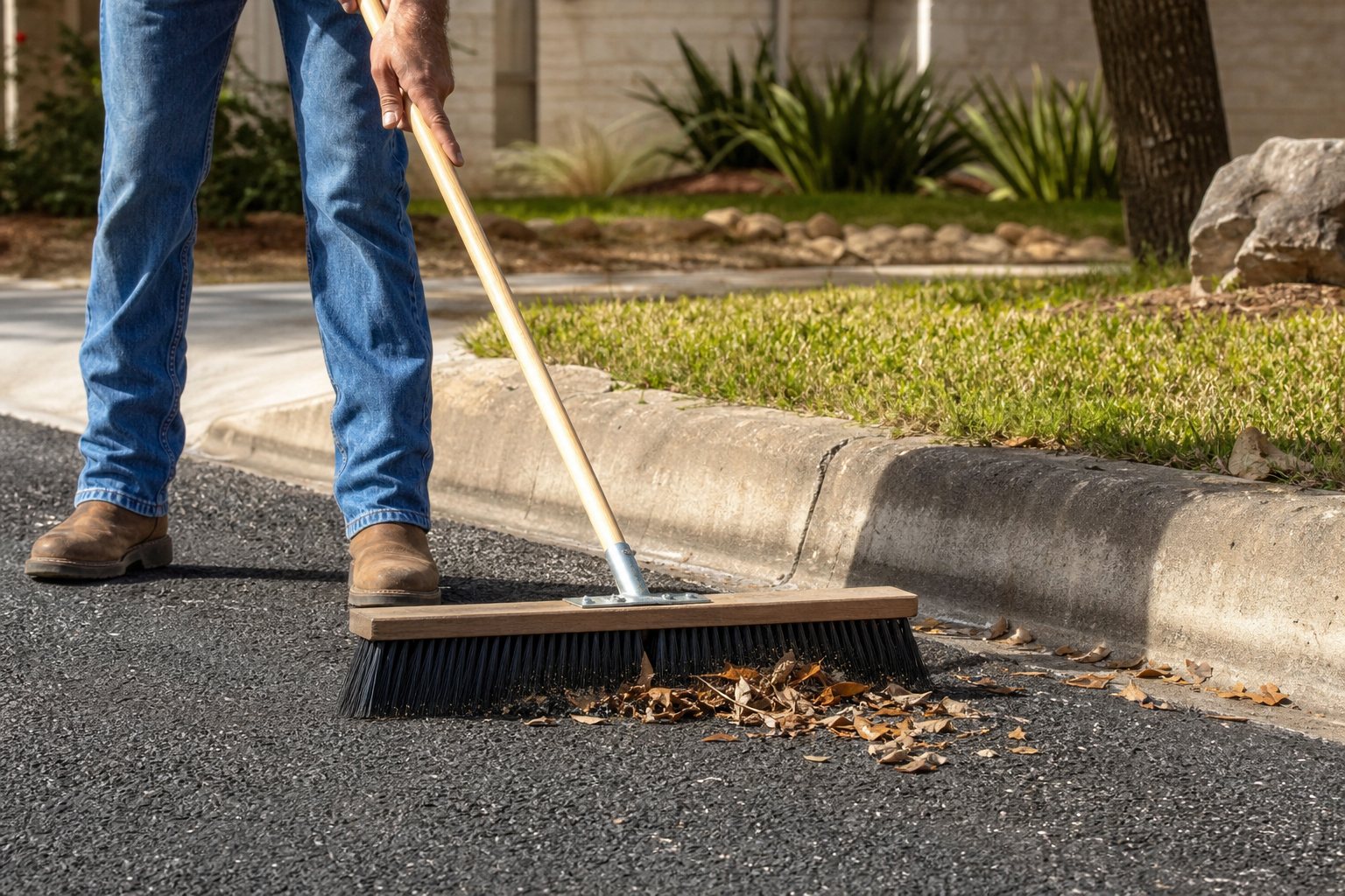 Homeowner sweeping dry leaves and grit from the edge of an asphalt driveway