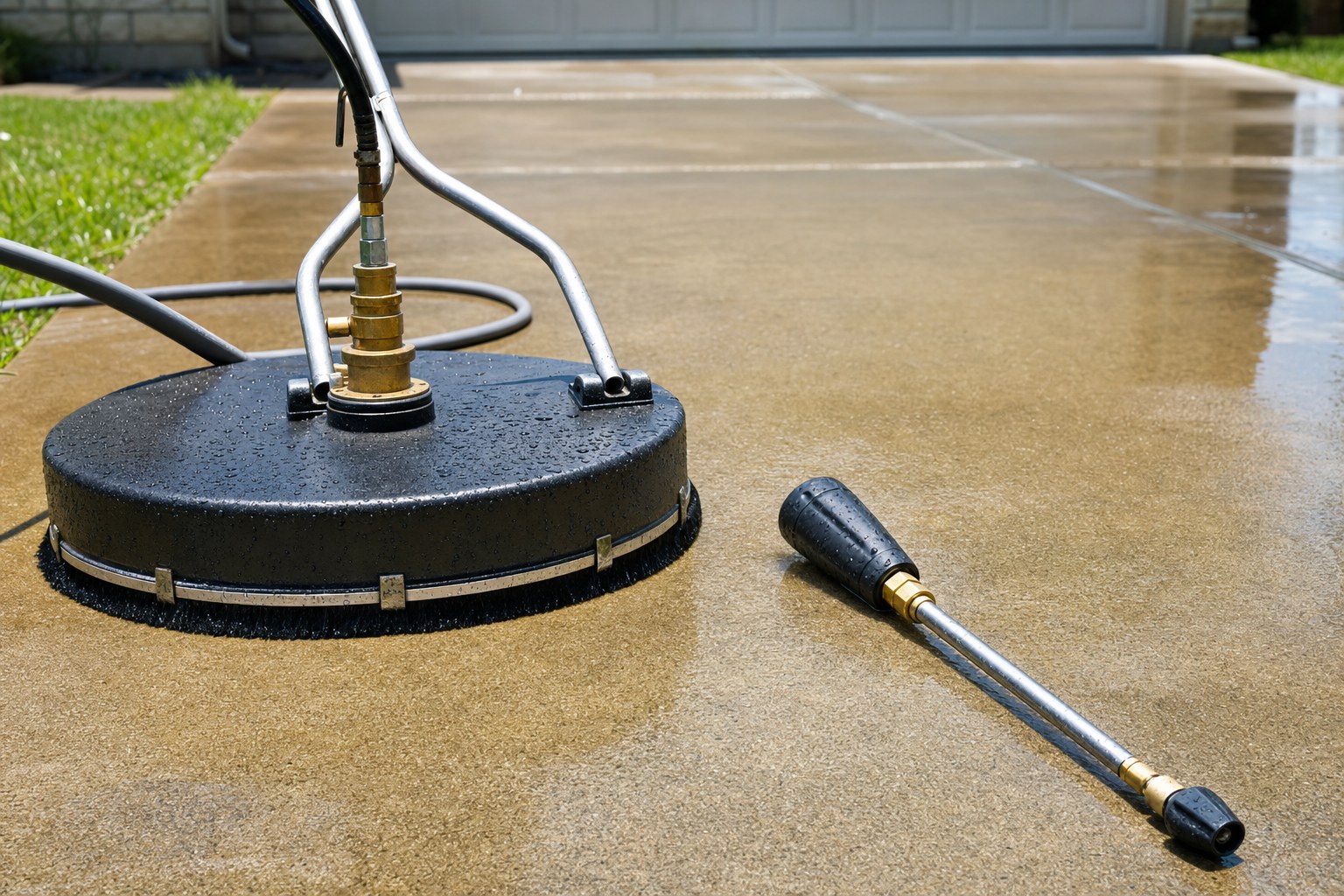 Surface cleaner and pressure-washing wand resting on a wet concrete driveway