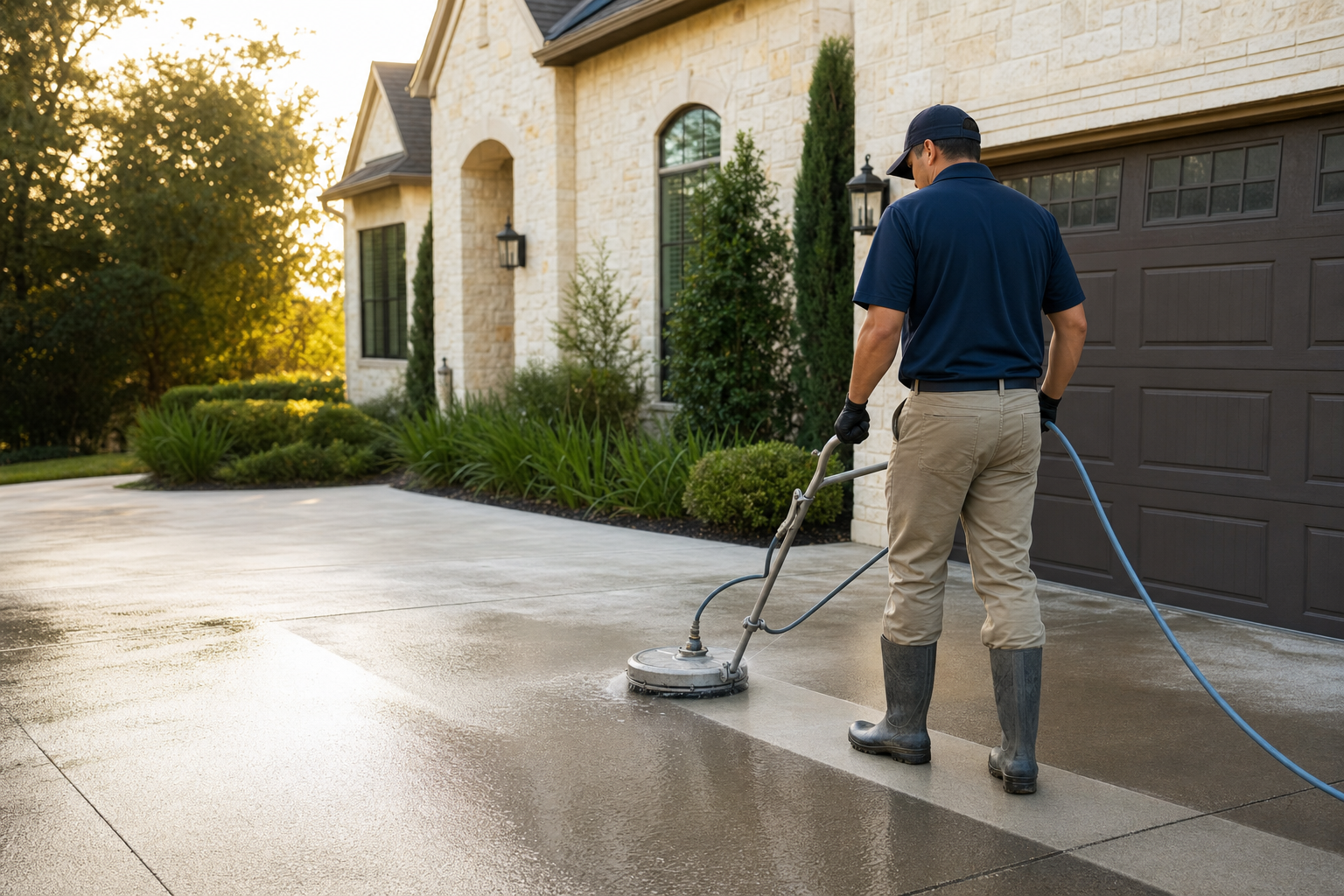 Illustrative driveway pressure washing scene