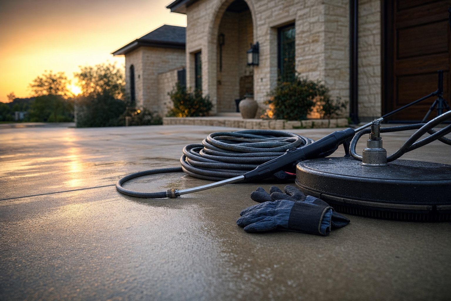 Illustrative pressure washing tools resting on clean concrete