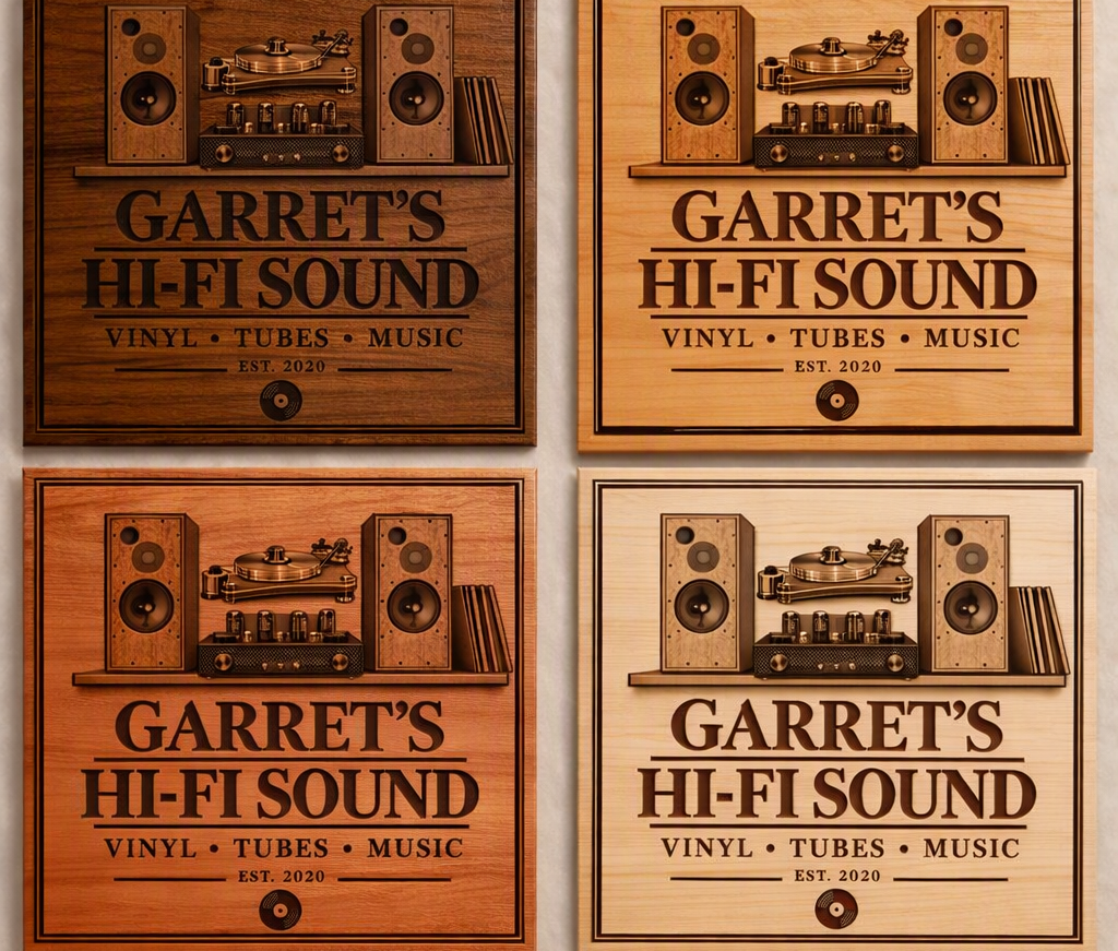 Four engraved wooden signs for Garret’s Hi-Fi Sound in different wood finishes