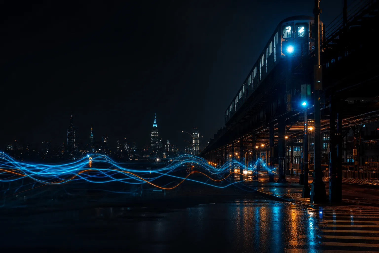 Night city scene with electric blue sound-wave light trails