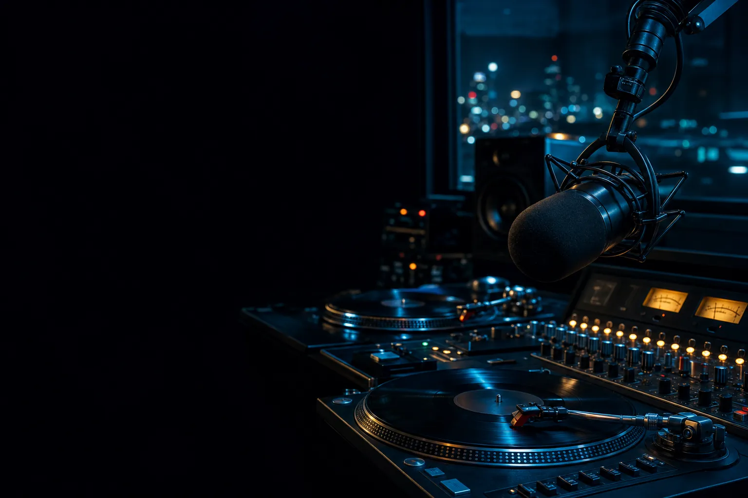 Radio studio equipment lit in electric blue and amber