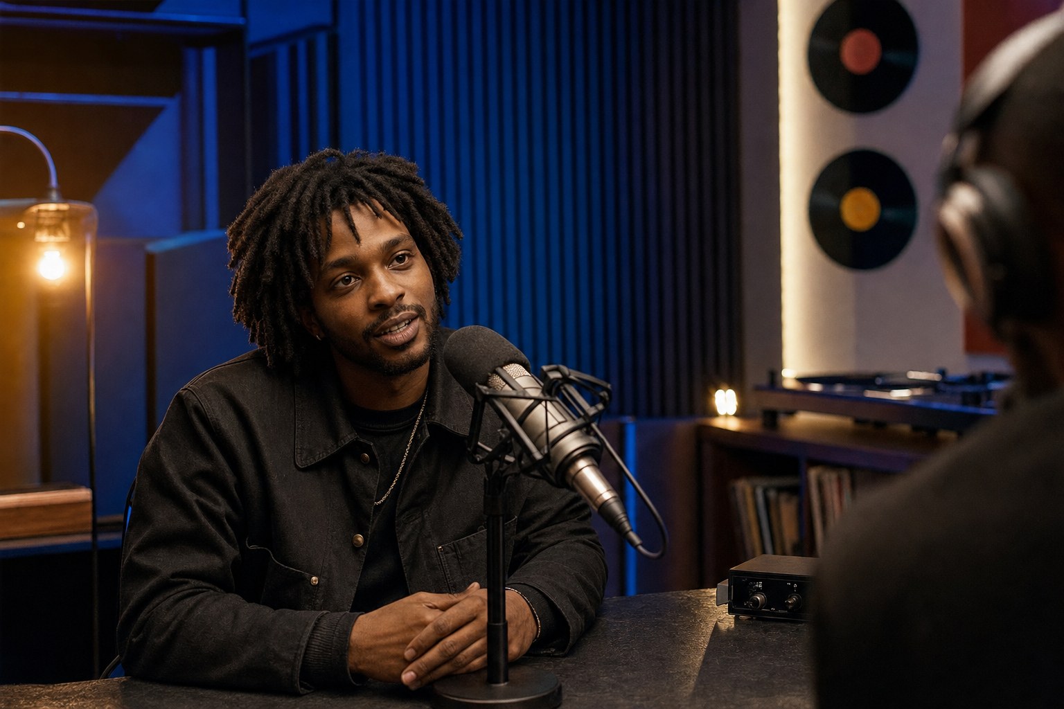 Independent musician speaking with a radio host in a studio