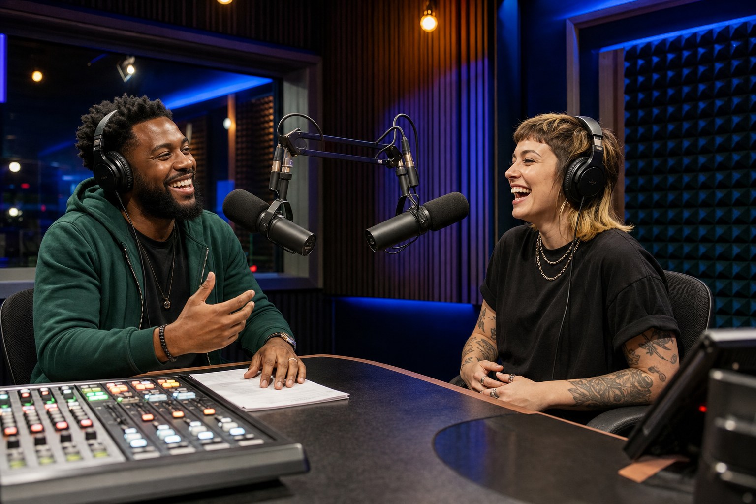 Radio host and independent music artist talking and laughing during a studio interview