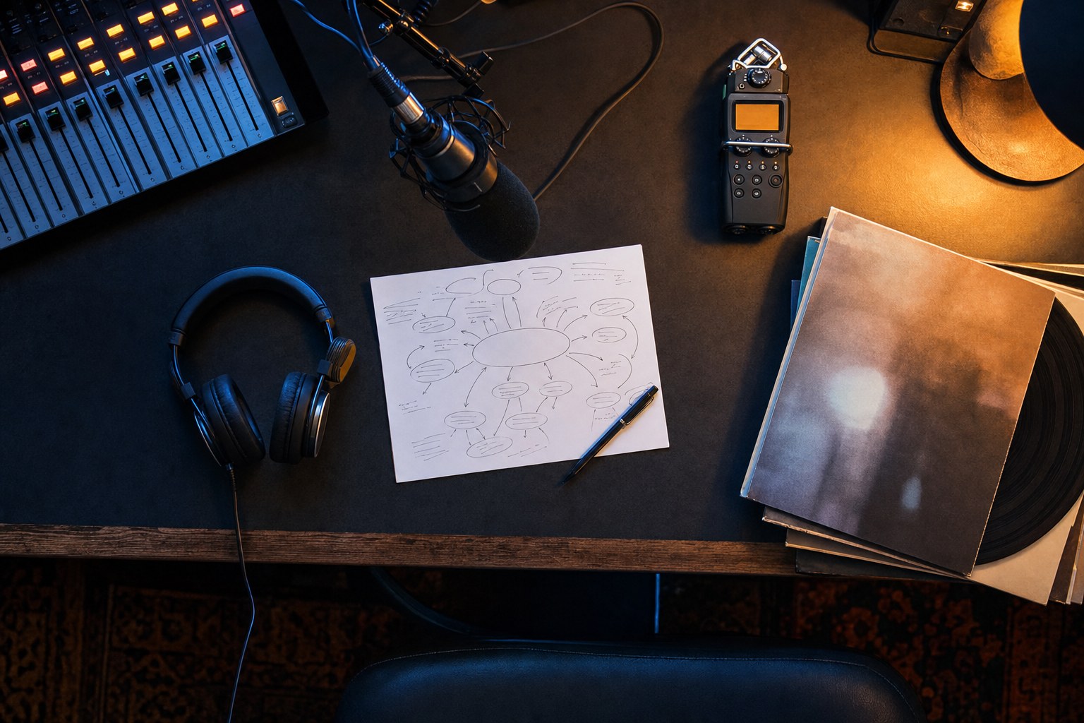 Interview notes, headphones, a microphone, and recorder arranged on a radio desk