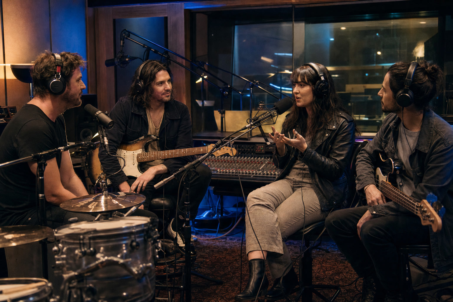 Band members listening and speaking together during a studio interview