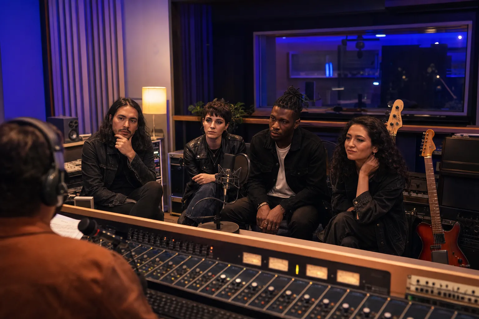 Independent band speaking with a radio host in a studio