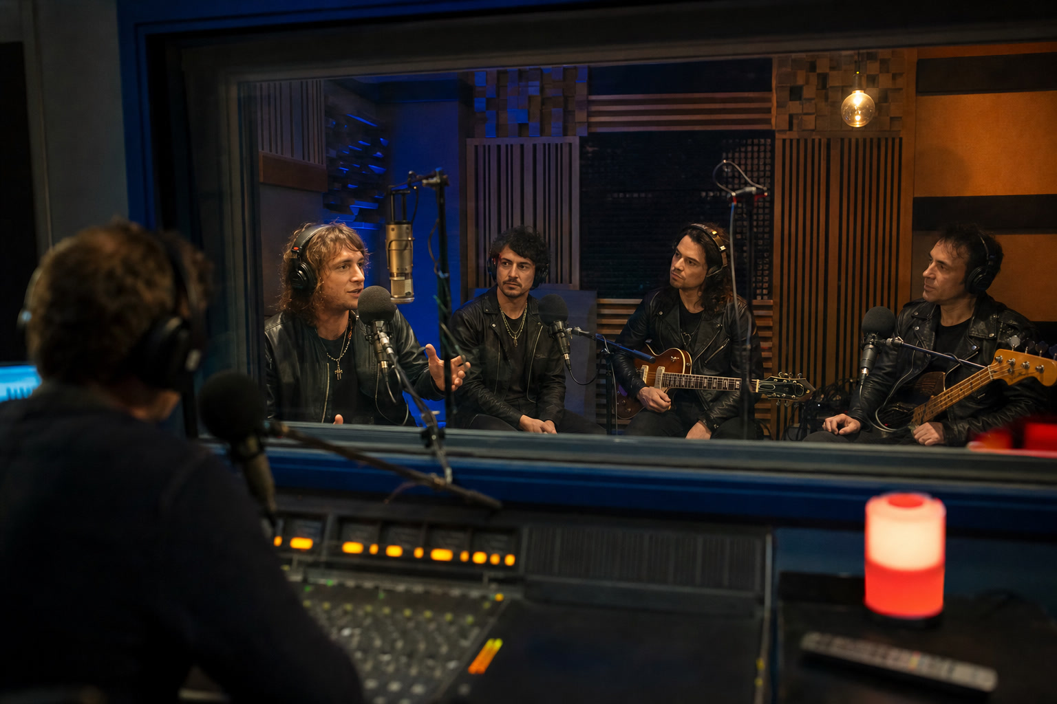 Band speaking during a live radio interview from a studio booth
