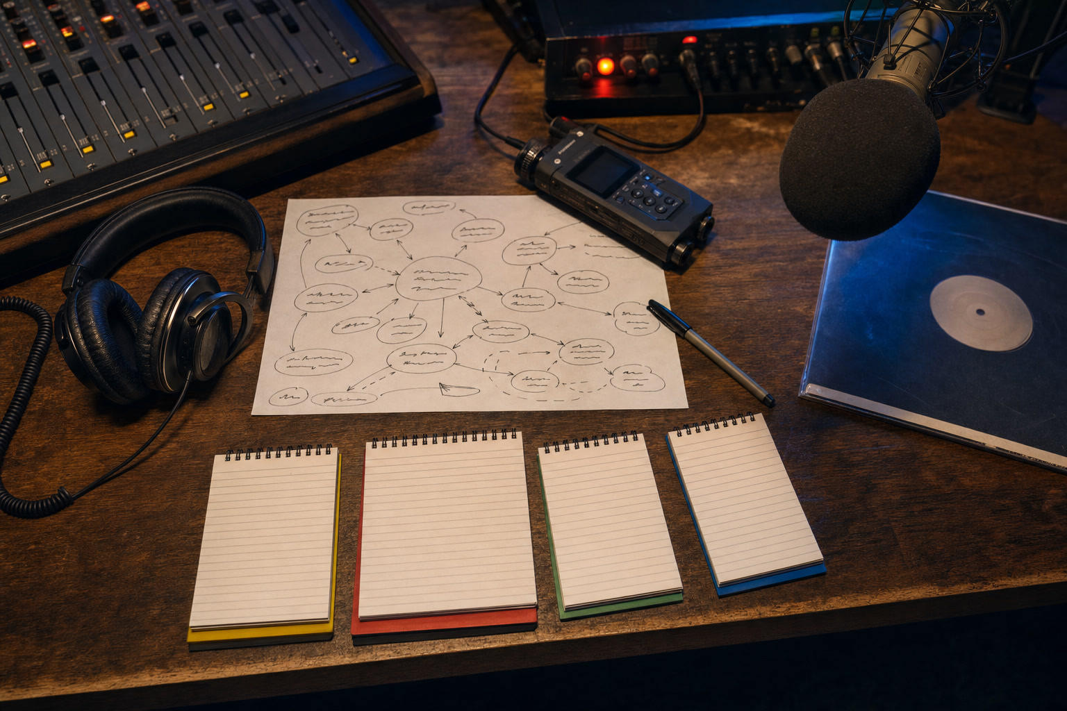 Interview notes, headphones, studio microphone, and recorder on a radio desk