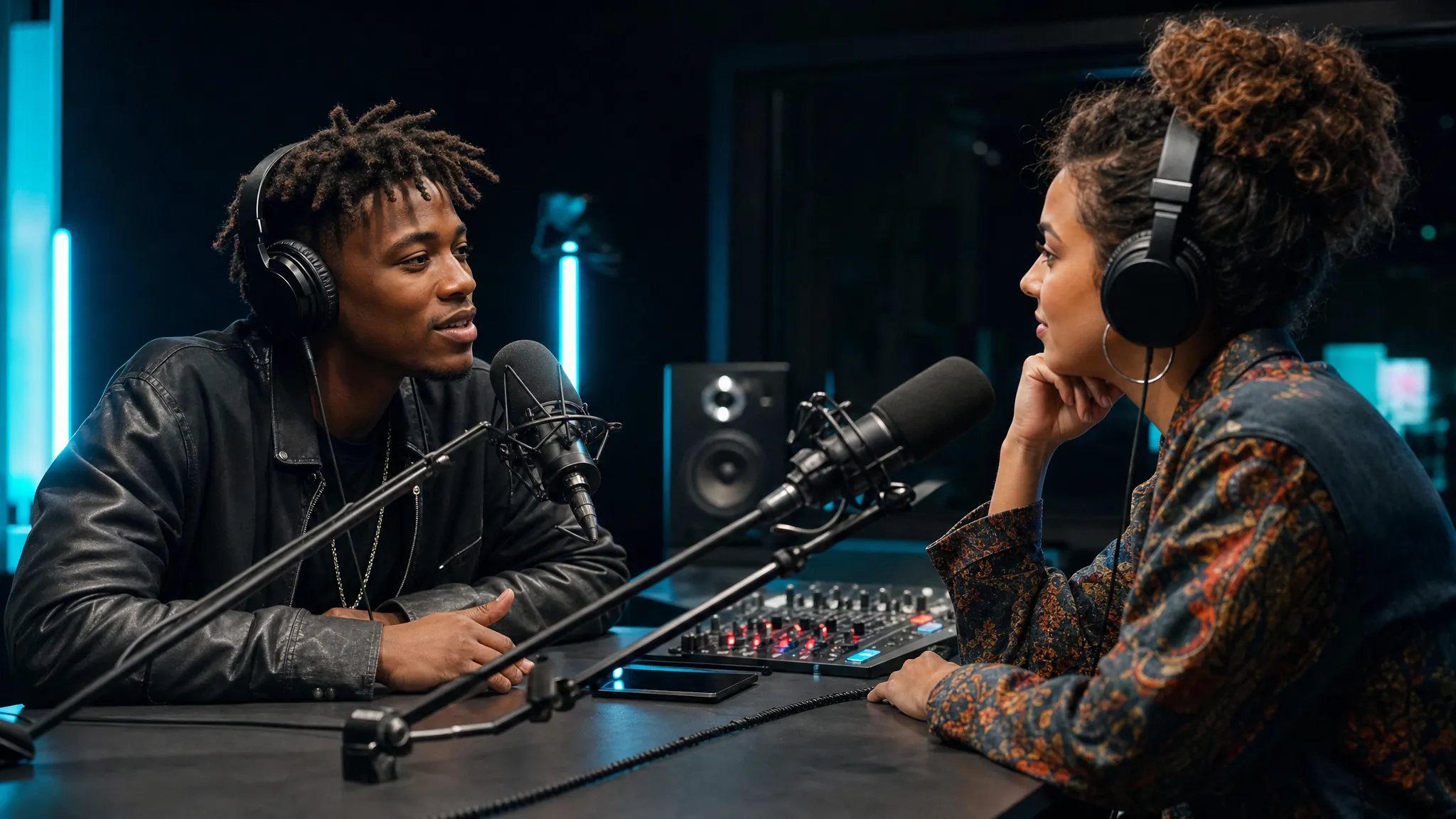 Musician speaking with a radio host in a studio