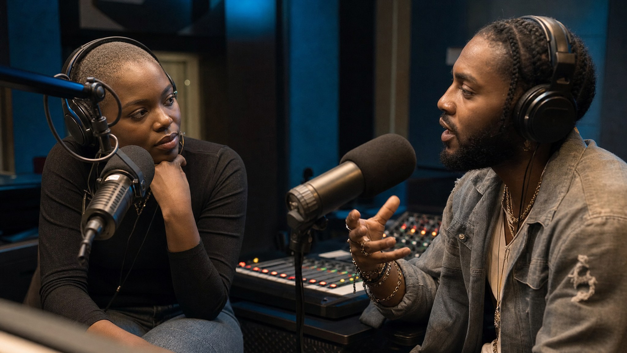 Radio host listening closely while a music artist speaks into a broadcast microphone