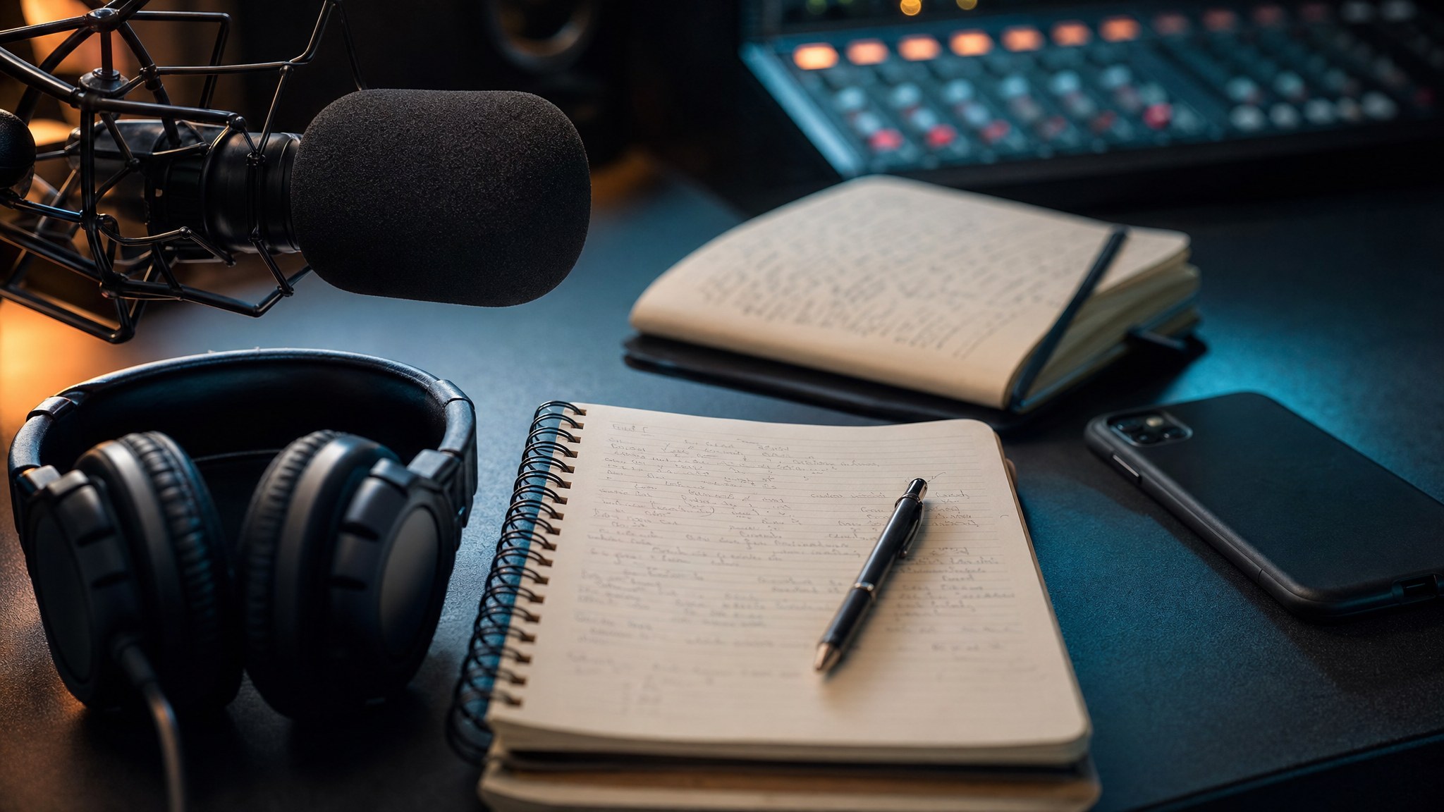 Interview notes, headphones, microphone, and recorder on a radio studio desk