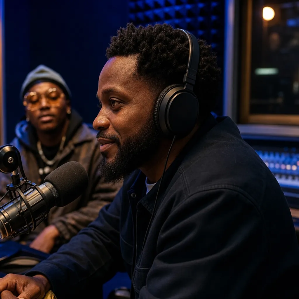 Radio host listening closely during a studio interview
