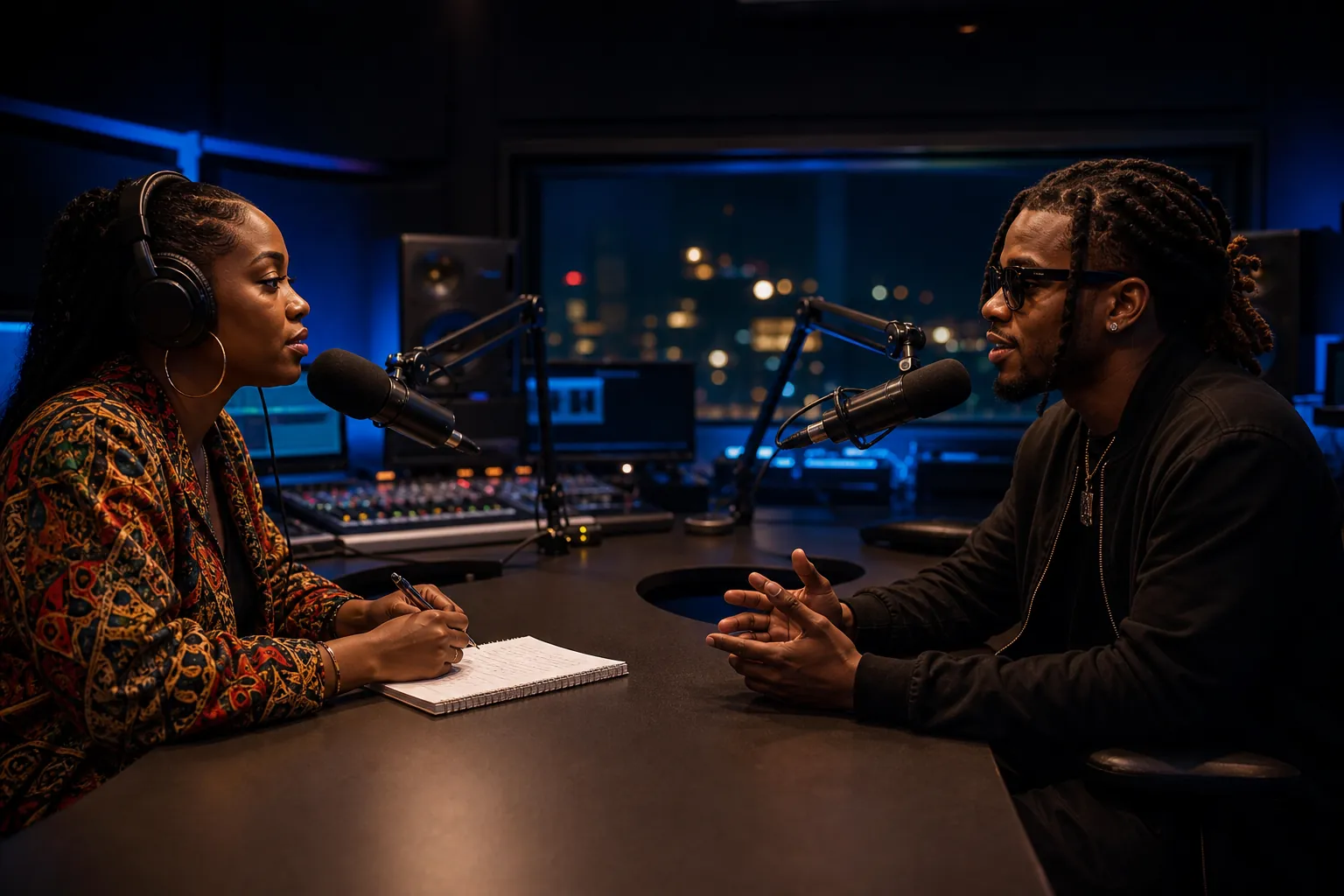 Radio host interviewing an independent artist in a studio