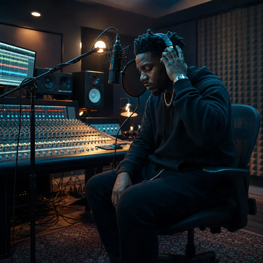 Independent artist replaying a vocal take in a recording studio