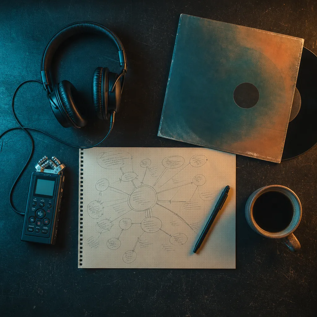 Question map, headphones, recorder, and vinyl on a studio desk