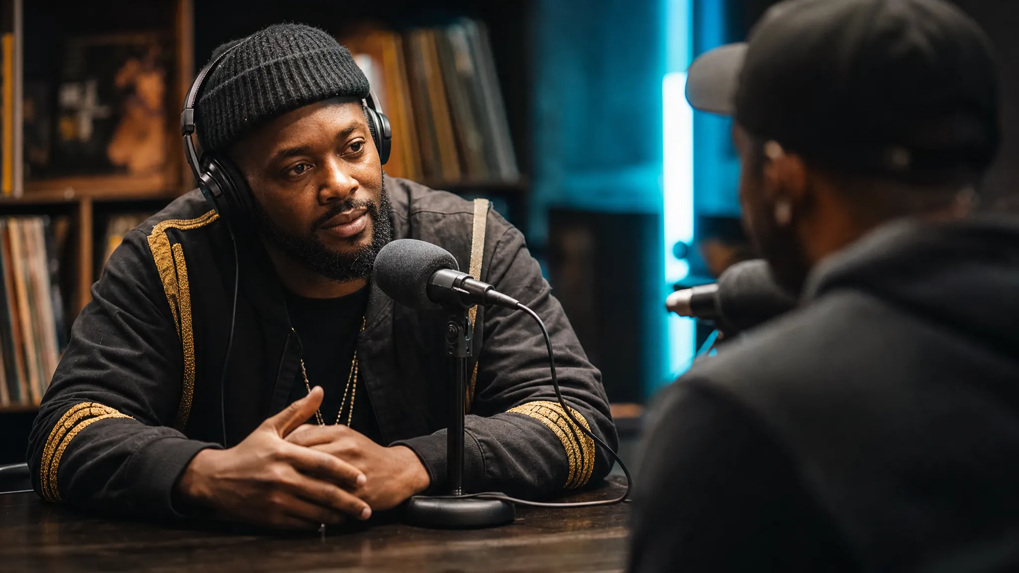 Radio host listening closely to a rapper during an interview
