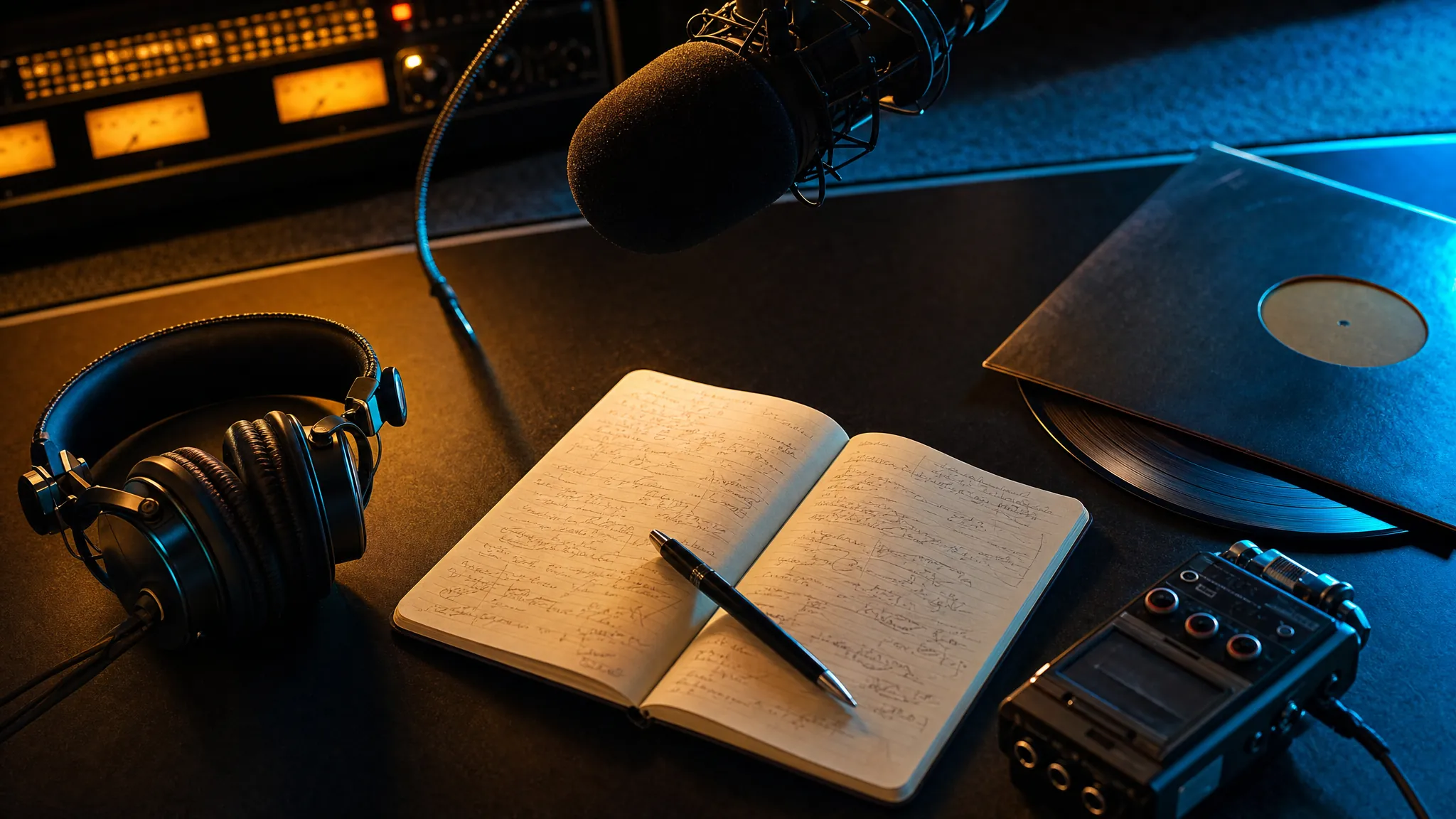 Headphones, a studio microphone, a notebook, and a recorder on a radio desk