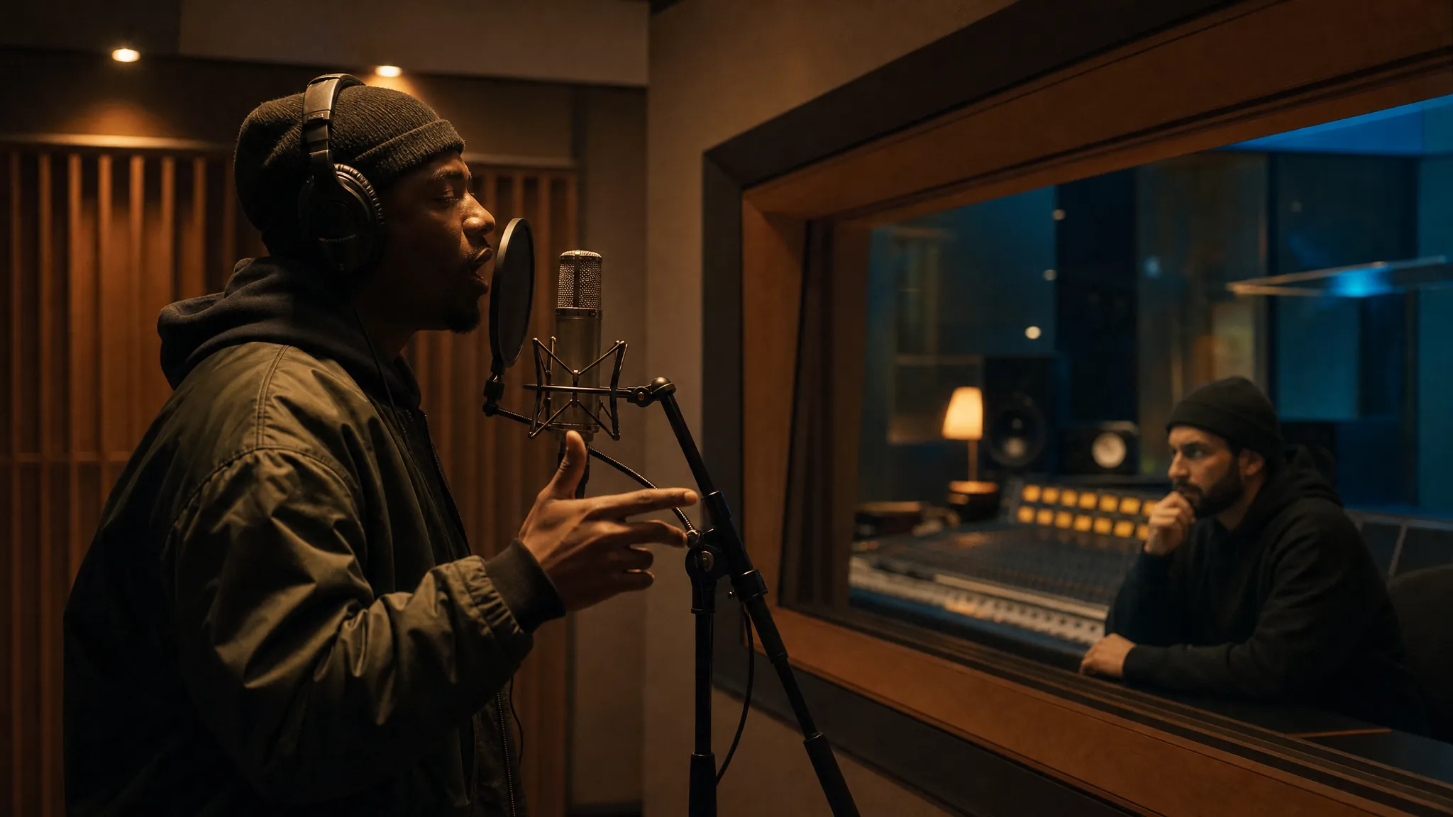 Rapper recording a verse in a studio while a producer listens from the control room