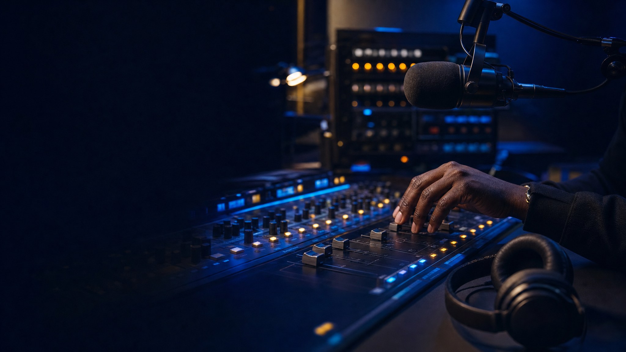 Radio host working a mixing board beside a broadcast microphone