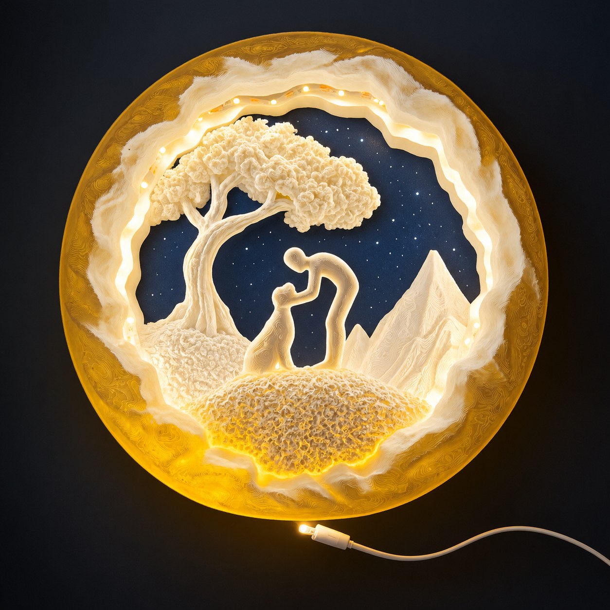 Illuminated layered moon and mountain scene