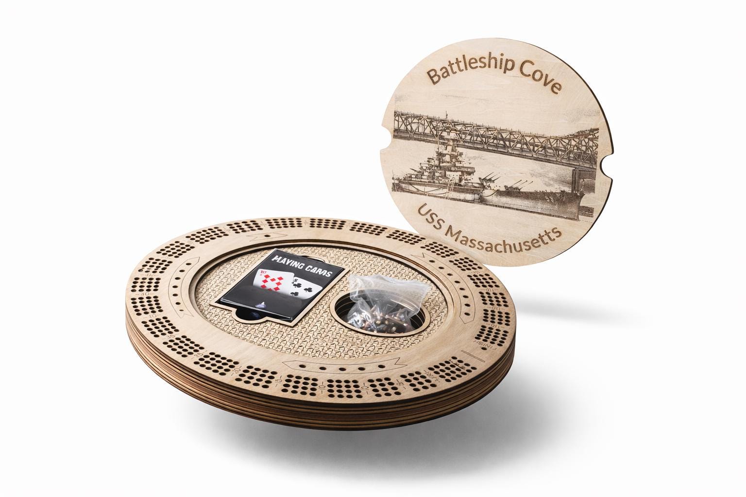 Round wooden New Hampshire cribbage board