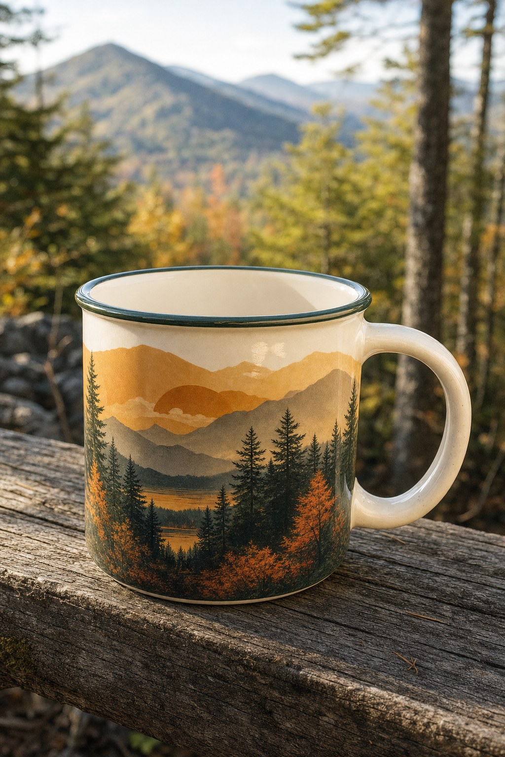 Dccrafting camp mug with a wilderness illustration outdoors