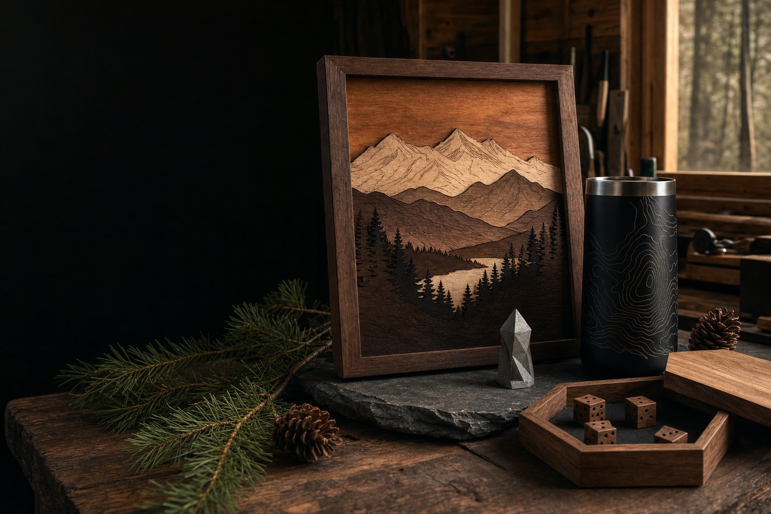 Illustrative custom-made wood, metal, and tabletop pieces in a workshop
