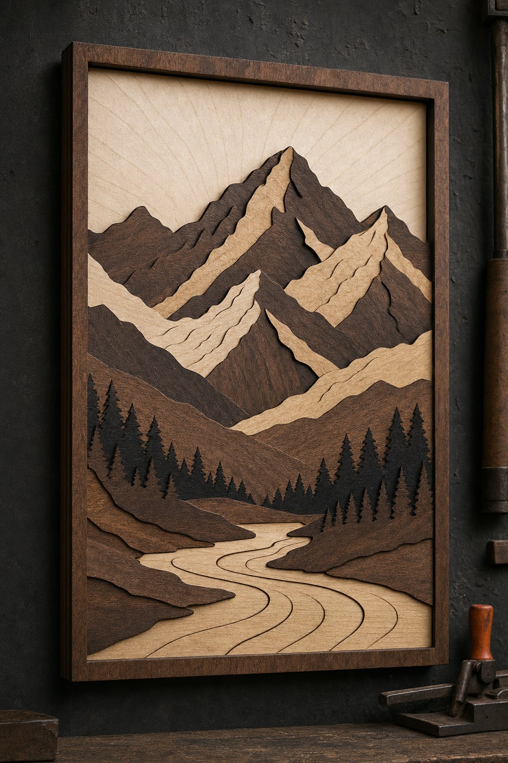 Layered wood mountain relief in a workshop