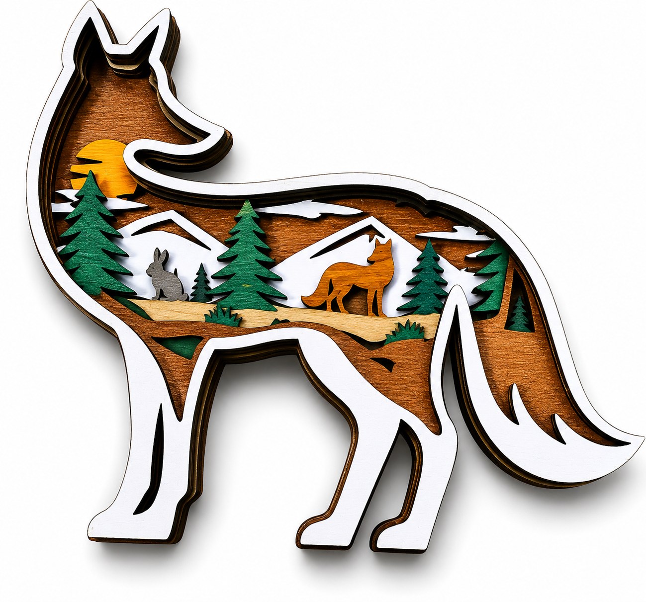 Wolf and mountain layered wood art