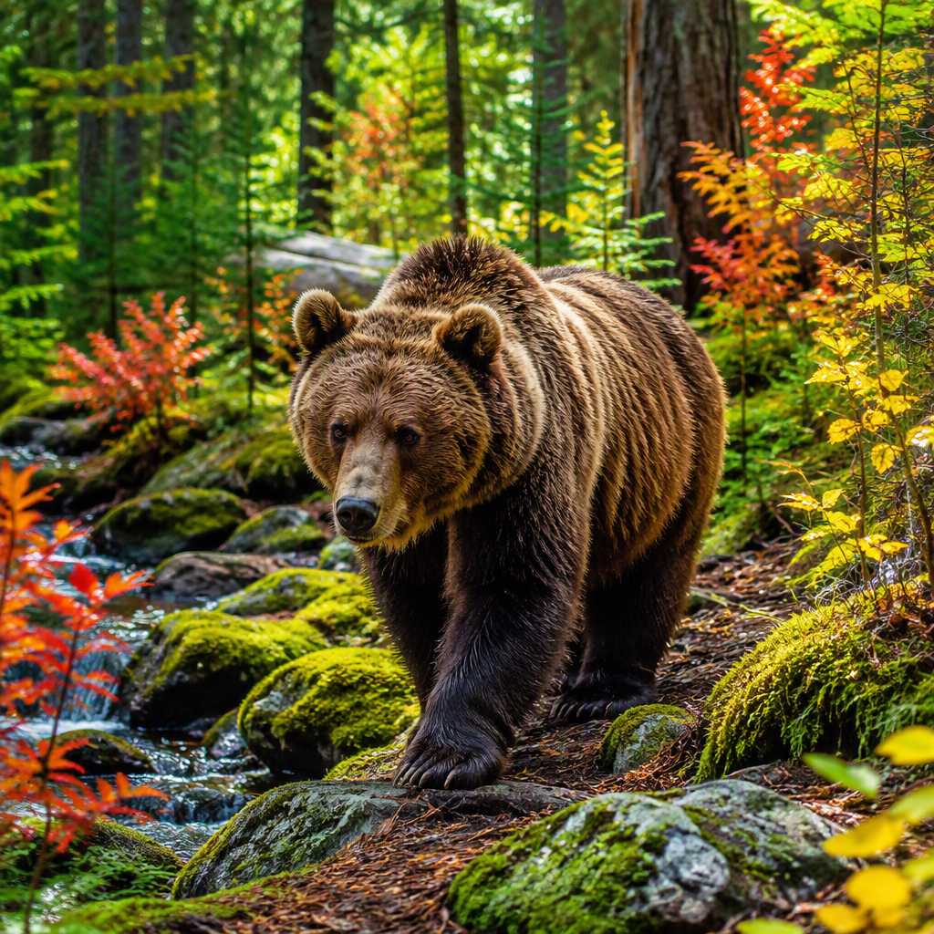 Full-color bear artwork in a New Hampshire forest