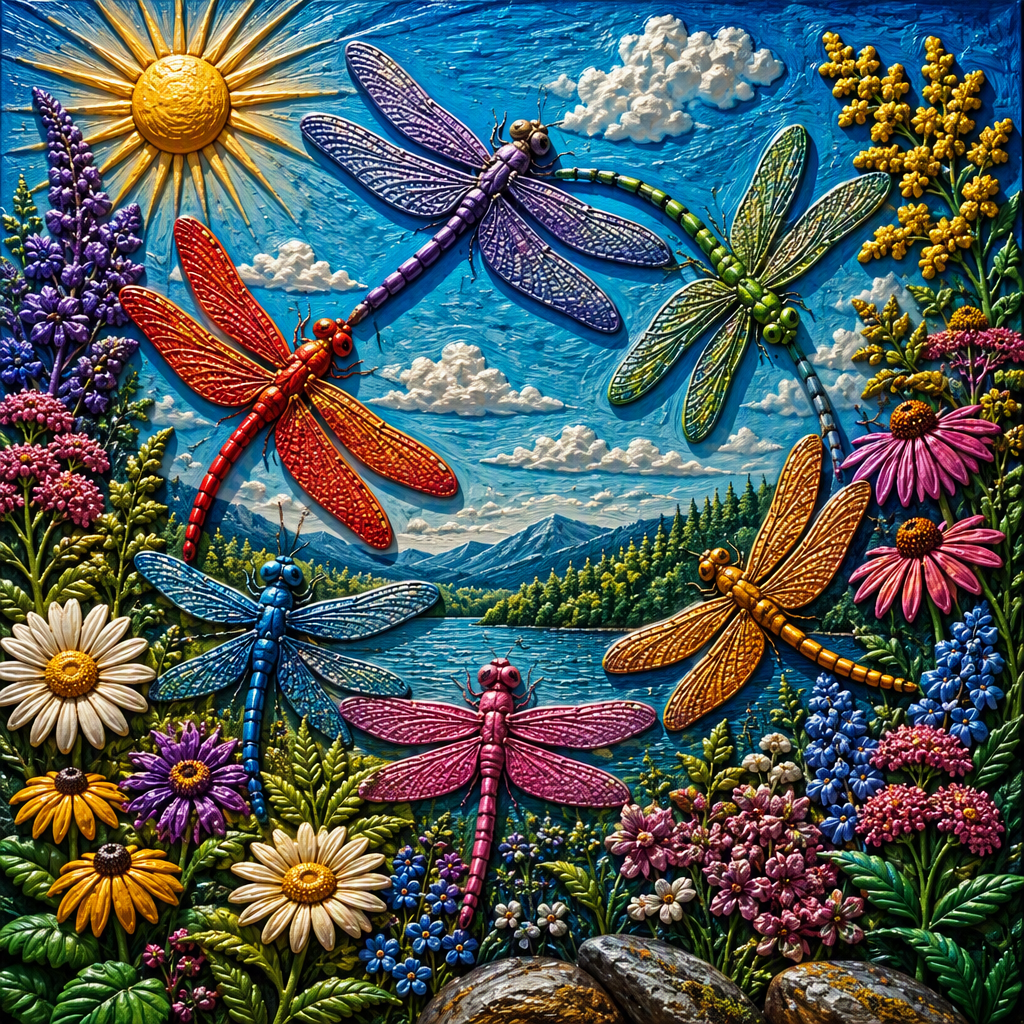 Colorful dragonflies over a mountain wildflower scene