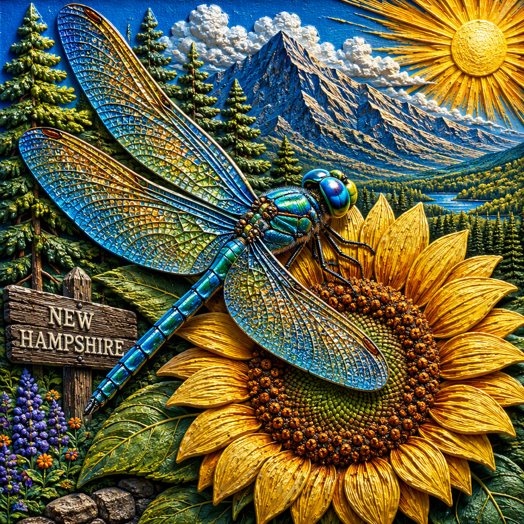 Blue dragonflies and sunflowers with New Hampshire mountains