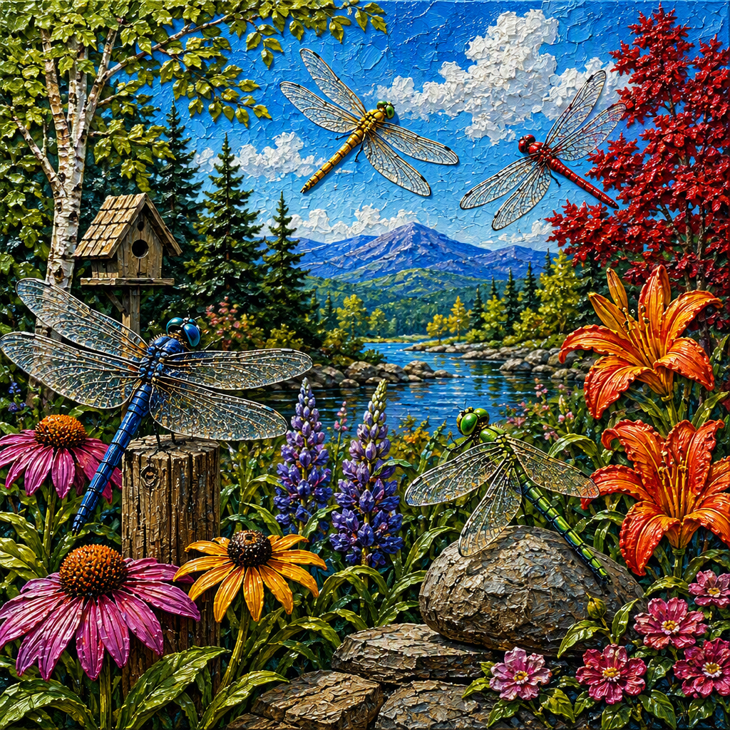 Dragonflies and flowers in a mountain landscape