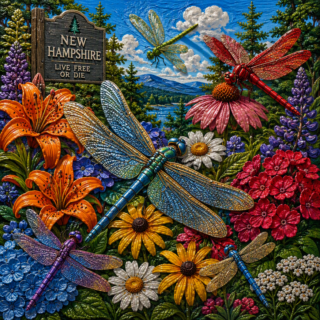 Dragonfly garden artwork with New Hampshire details