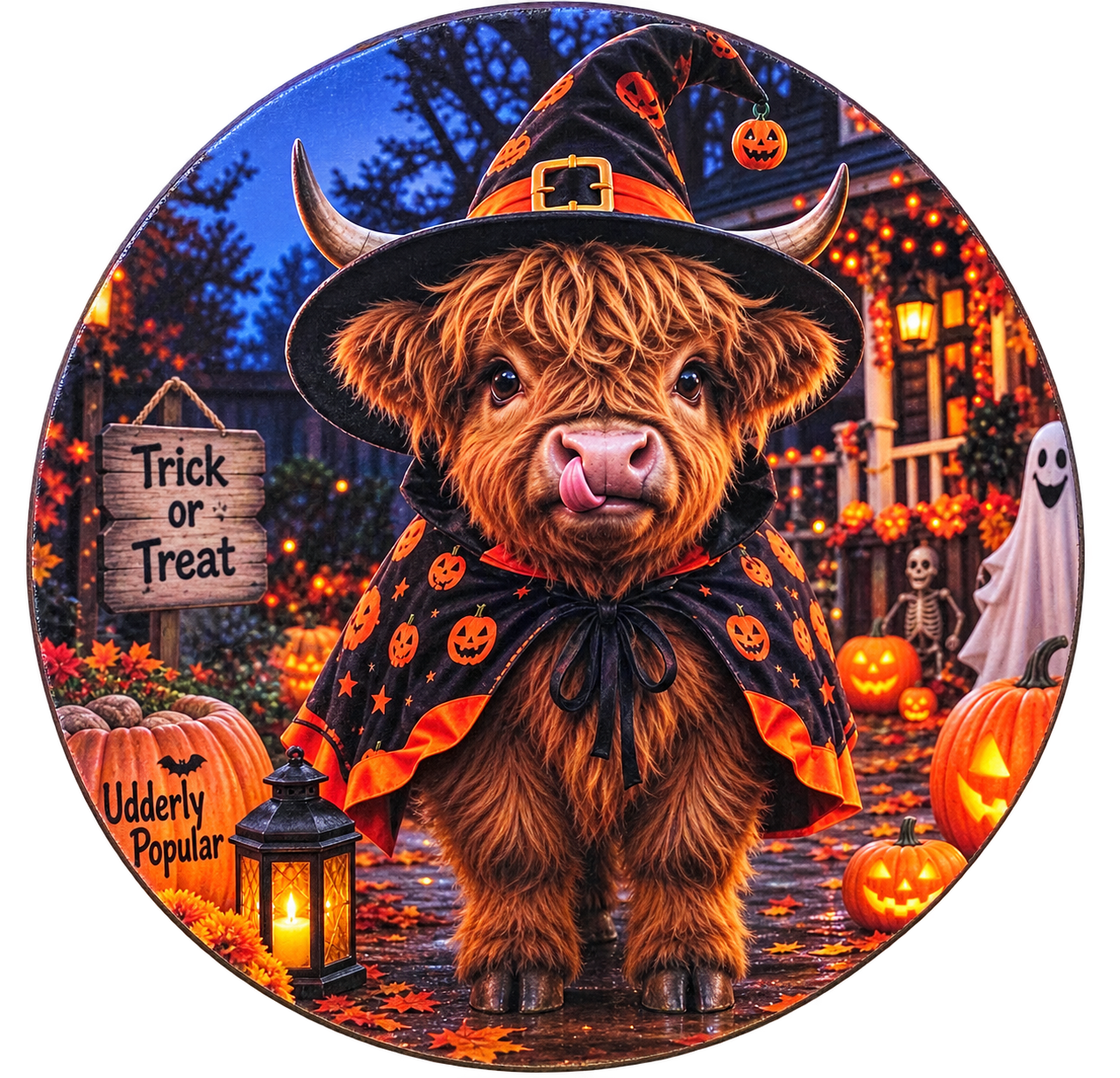 Round Halloween Highland cow design