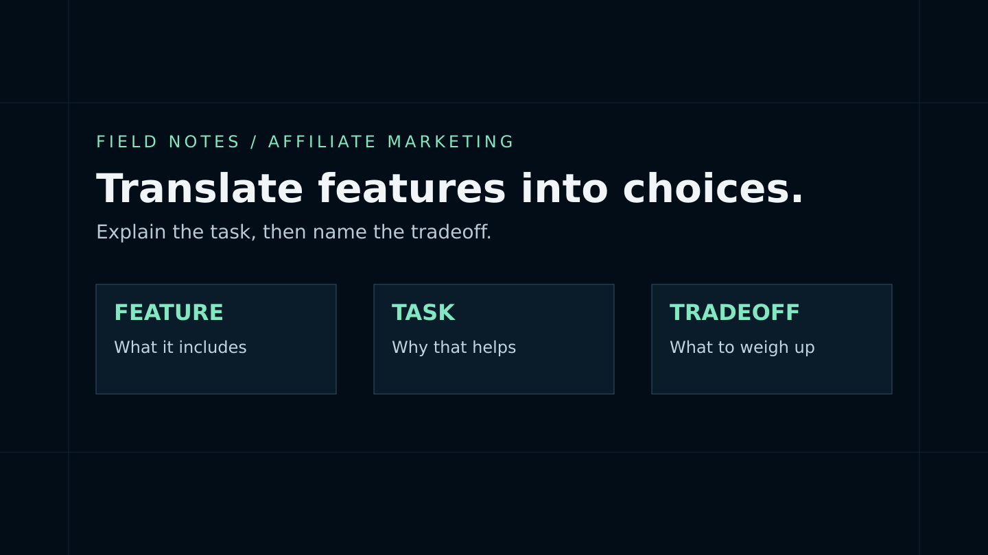 Explain a product feature, the task it supports, and the tradeoff the buyer should consider.