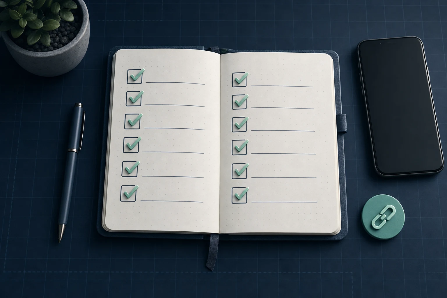 A notebook checklist beside a phone and a link marker.