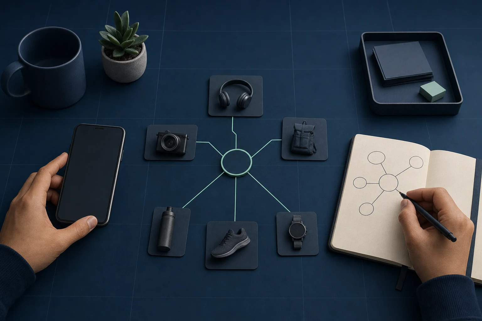 A creator planning product recommendations with a phone, notebook, and a visual map of audience interests.