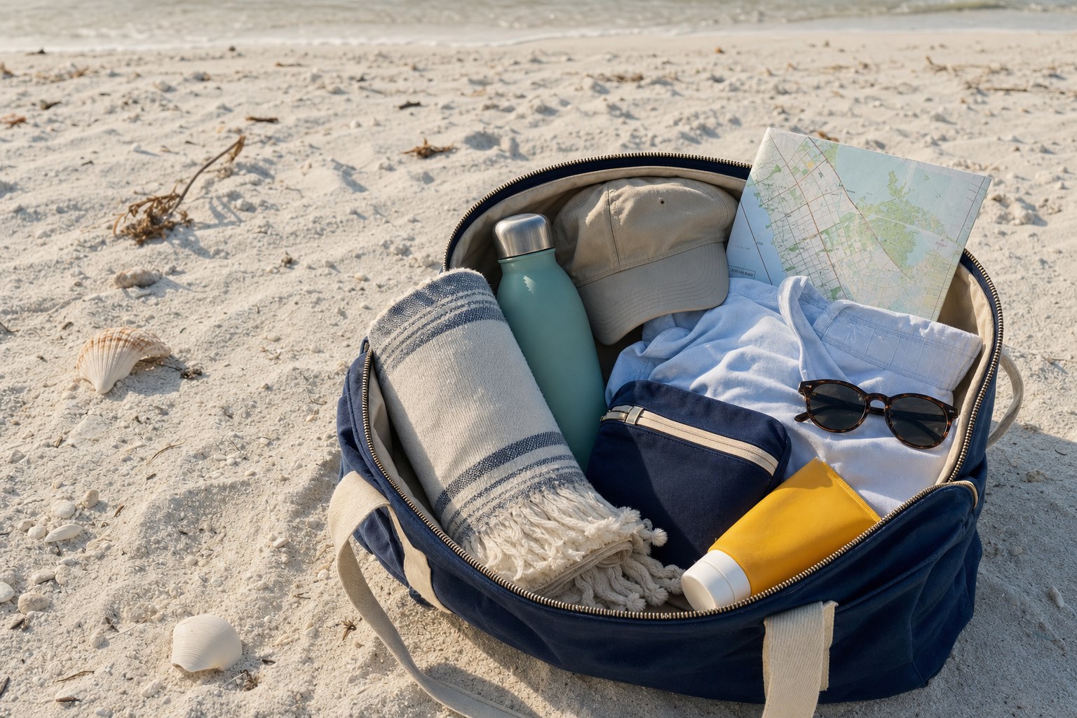 A packed navy beach bag with a towel, bottle, cap, sunglasses, and sunscreen on sand