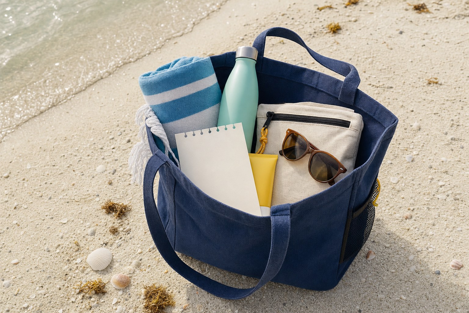 Navy beach bag with a towel, water bottle, sunglasses, sunscreen, and dry pouch on Florida sand