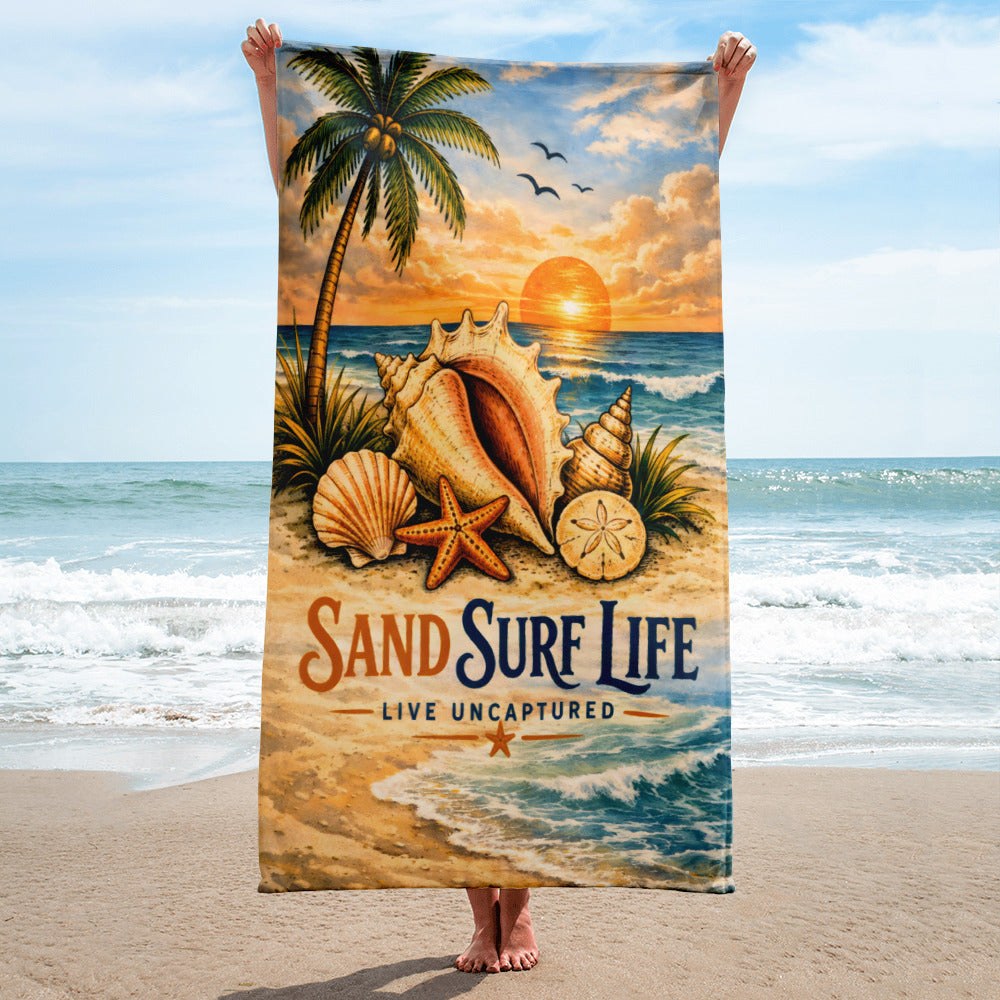 Sand Surf Life beach towel for a day by the water