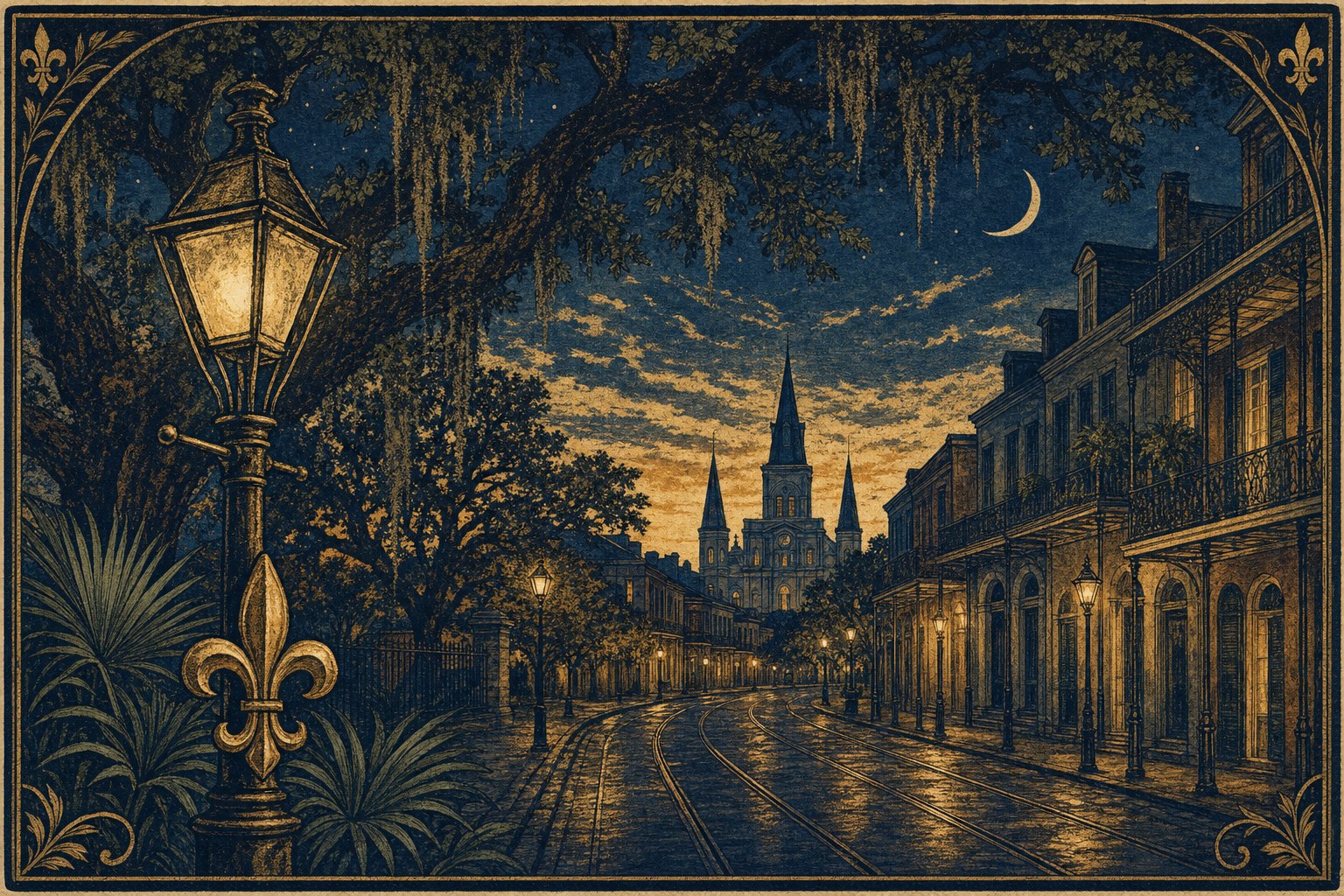 Illustrated New Orleans street at twilight with a fleur-de-lis and streetcar tracks