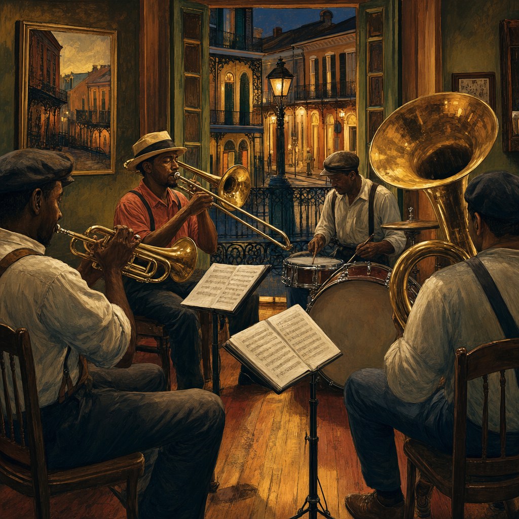 New Orleans brass musicians rehearsing inside a French Quarter room